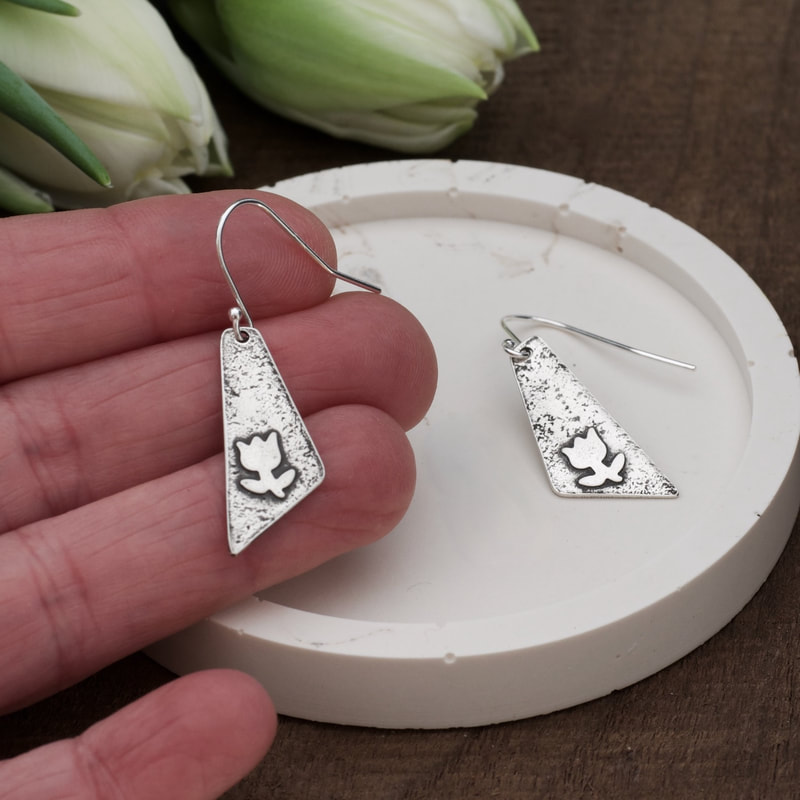 hand sculpted fine silver tulip dangle earrings 