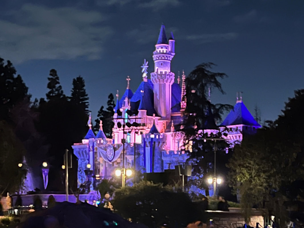 disneyland castle at night with lights on