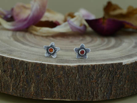 Silver 5 petal flower studs with brown alcohol ink painted centre