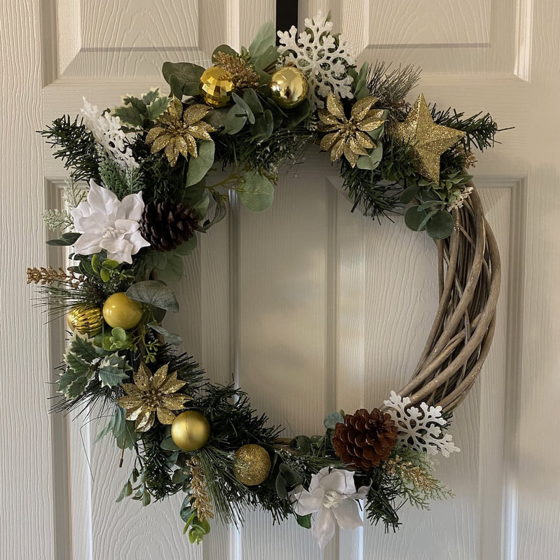 Gold and White Floral Wood Wreath with Greenery