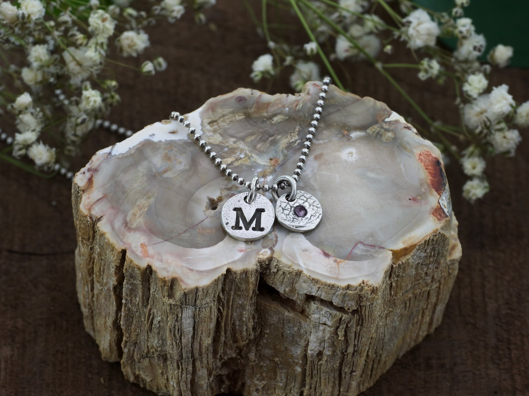 silver initial M charm necklace amethyst birthstone charm